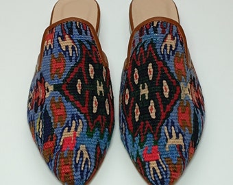 Kilim Pantoletten 39EU(9US), Frauen Kilim Slipper, Kilim Pantoletten, Handgewebter Vintage Kelim Teppich, Boho-Stil