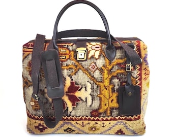Handgefertigte Vintage Türkischen Teppich Weekender Tasche mit Lederbesatz
