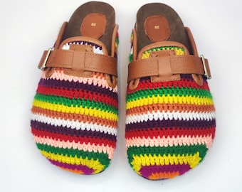 39 EU/ 9 US/ 7 UK Hand-Knitted Crochet Clogs: Women's Boho Slippers with Leather Trim