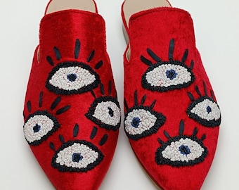 Embroidered Velvet Mules: Handcrafted Silk Ribbon Slides