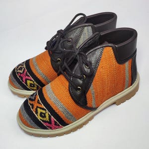 Handwoven Kilim Ankle Boots: Women&#39;s Vintage Turkish Rug, Leather Trim (38EU/8US)