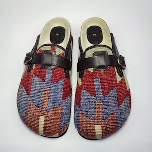 45EU/ 12US/ 11UK Men kilim Clogs, Handwoven Vintage Kilim Clogs with leather trim, light weight foam sole, One of a Kind Kilim Clogs