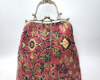 XL Vintage Carpet Kiss Lock Bag: Handwoven Shoulder Bag with Adjustable Strap