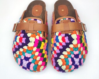 Hand-Knitted Crochet Clogs: Women's Boho Slippers with Leather Trim (Size 38EU/8US /6UK)