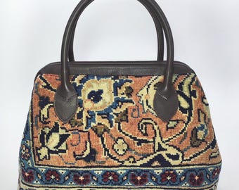 Vintage Turkish Kilim Carpet Bag: Handcrafted Leather Top Handle Purse