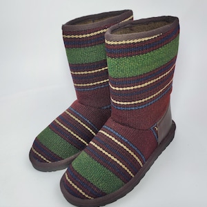 38EU(8US)Women leather Trim Half kilim Boots, Handwoven Kilim Boots, Rubber sole Kilim Boots, One of a Kind Kilim Boots, Comfy Boots