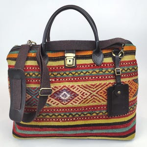 Original Kilim Weekender, Vintage handwoven Kilim Duffel Bag, One of a kind Weekender, Weekender with supple Cow Leather, Boho weekender