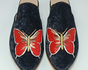 Silk Ribbon Embroidered Velvet Mules: Handcrafted Butterfly Slippers
