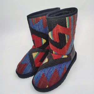 37EU(7US)Women leather Trim Half kilim Boots, Handwoven Kilim Boots, Rubber sole Kilim Boots, One of a Kind Kilim Boots, Comfy Boots