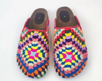 41 EU/ 11 US/ 9 UK Hand-Knitted Crochet Clogs: Women's Granny Square Boho Slippers