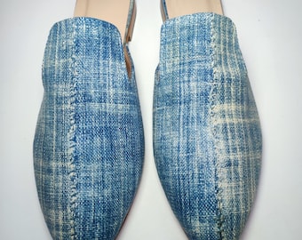 40 EU/ 10 US/ 8 UK Handwoven Vintage Indigo Mules, Boho Chic Leather Sole Slipper