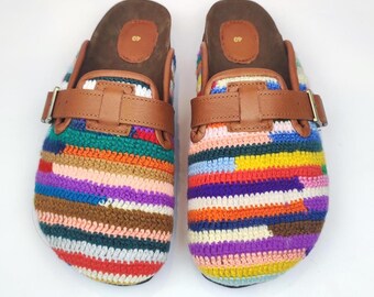 Hand-Knitted Crochet Clogs: Women's Boho Slippers with Leather Trim (Size 40EU/10US /8UK)