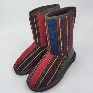 37EU(7US)Women leather Trim Half kilim Boots, Handwoven Kilim Boots, Rubber sole Kilim Boots, One of a Kind Kilim Boots, Comfy Boots