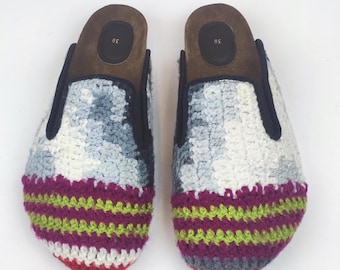38 EU/ 8 US/ 6 UK  Hand-Knitted Crochet Clogs: women Granny Square Boho Slippers