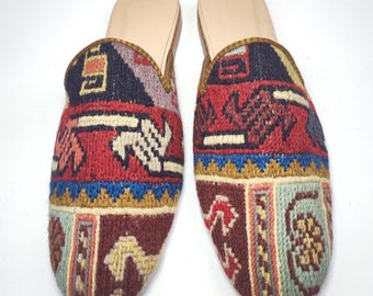 44 EU/ 11 US/ 10 UK Vintage Kilim Mules: Men's Handcrafted Turkish Boho Slippers