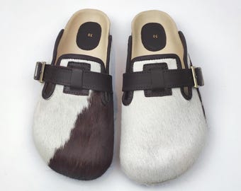 38 EU/ 8 US/ 6 UK  Handcrafted Cowhide Clogs: Women's Indoor Outdoor Slippers