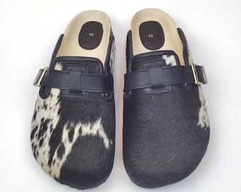 39 EU/ 9 US/ 7 UK Handcrafted Cowhide Clogs: Women's Leather Slippers, Soft Insole