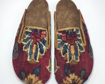 40 EU/ 10 US/ 8 UK Handknotted Kilim Clogs: Women's Bohemian Vintage Carpet Shoes