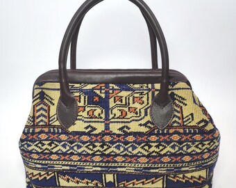 Handcrafted Vintage Turkish Kilim Carpet Bag: Leather Top Handle