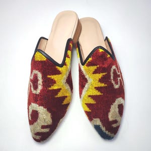 37EU(7US) Women İkat velvet Mules, Open heel İkat velvet slipper, women slides, Velvet mules, Handwoven ikat velvet shoes