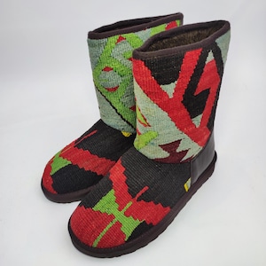 Handwoven Kilim Boots: Leather Trim, Rubber Sole (40EU/10US)