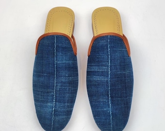 40 EU/ 10 US/ 8 UK Handwoven Vintage Indigo Mules, African Textile Leather Sole Slipper