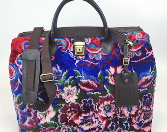 Vintage Turkish Velvet Weekender Bag: Leather Trim, Handcrafted Overnight Duffel