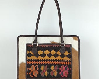 Kilim Cowhide Shoulder Bag: Handmade Boho Western Bag
