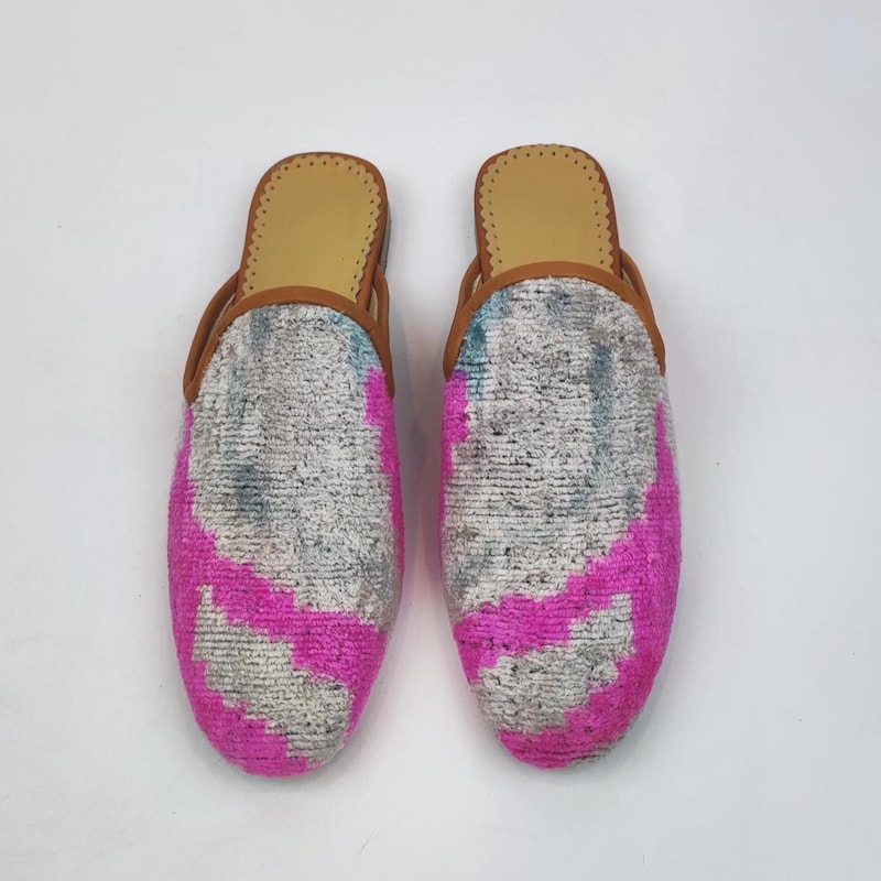 Silk Velvet Ikat Slippers Black and Blue