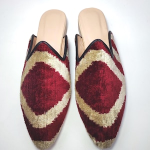 39EU(9US) Women Shoes, Women&#39;s Handwoven İkat velvet Pointy Mule, Handcrafted Leathwer sole Slipper