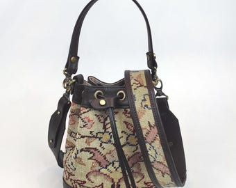 Vintage Kilim Bucket Bag: Handcrafted Rug Bag with Leather Trim