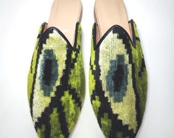 41 EU/ 11 US/ 9 UK Handwoven Ikat Velvet Mules: Women's Leather Sole Slippers