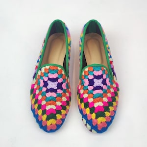 37EU/7US Women Crochet Loafer, Hand-Knitted Crochet shoes, Hand Crafted Crochet slipper, Granny Sguare Pattern, Boho Crochet clogs