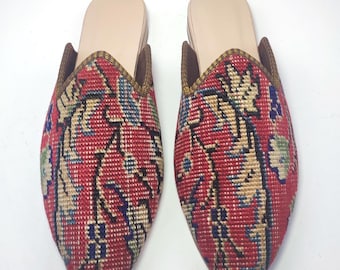 39 EU/ 9 US/ 7 UK Handwoven Kilim Mules: Women's Vintage Carpet Slippers, Leather Sole