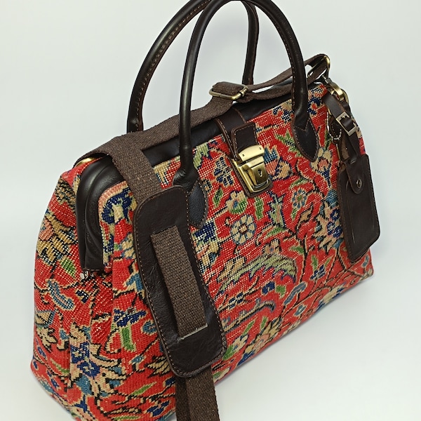 Carpet Bag, carpet Tote bag, Vintage handwoven Rug Bag, One of a kind Top handle bag, Boho Style