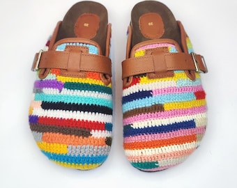 39 EU/ 9 US/ 7 UK Hand-Knitted Crochet Clogs: Women's Boho Slippers with Leather Trim