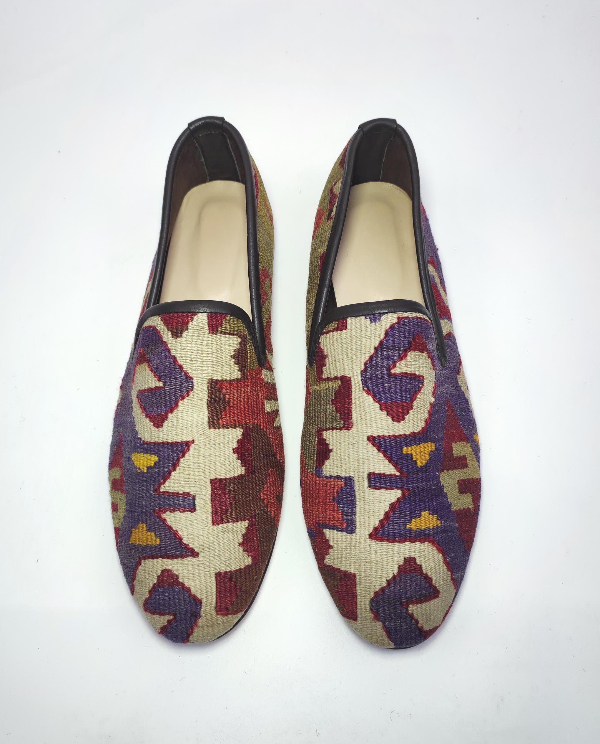 45EU/ 12US / 11UK Men Kilim Shoes, Handcrafted Original Vintage Kilim Loafer, One of a kind kilim Loafer, Leather sole shoes