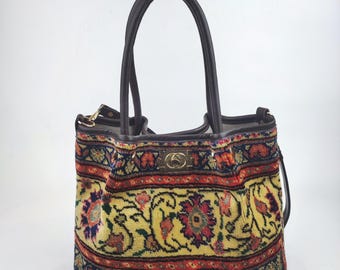Handknotted Vintage Rug Shoulder Bag: Leather Trim, Boho Chic