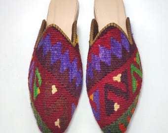 39 EU/ 9 US/ 7 UK Handwoven Kilim Mules: Women's Vintage Turkish Rug Slippers