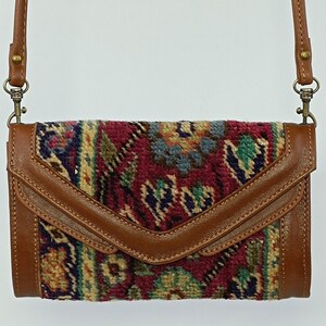 Portefeuille pour femme, portefeuille en tapis turc vintage noué à la main, style bohème, sac à bandoulière en tapis, portefeuille fait main, portefeuille en cuir