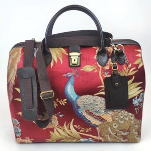 Handcrafted Peacock pattern Weekender, Duffel bag with leather trim, overnight bag