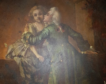 Charmante peinture sur bois, ancienne, romantique, scène galante