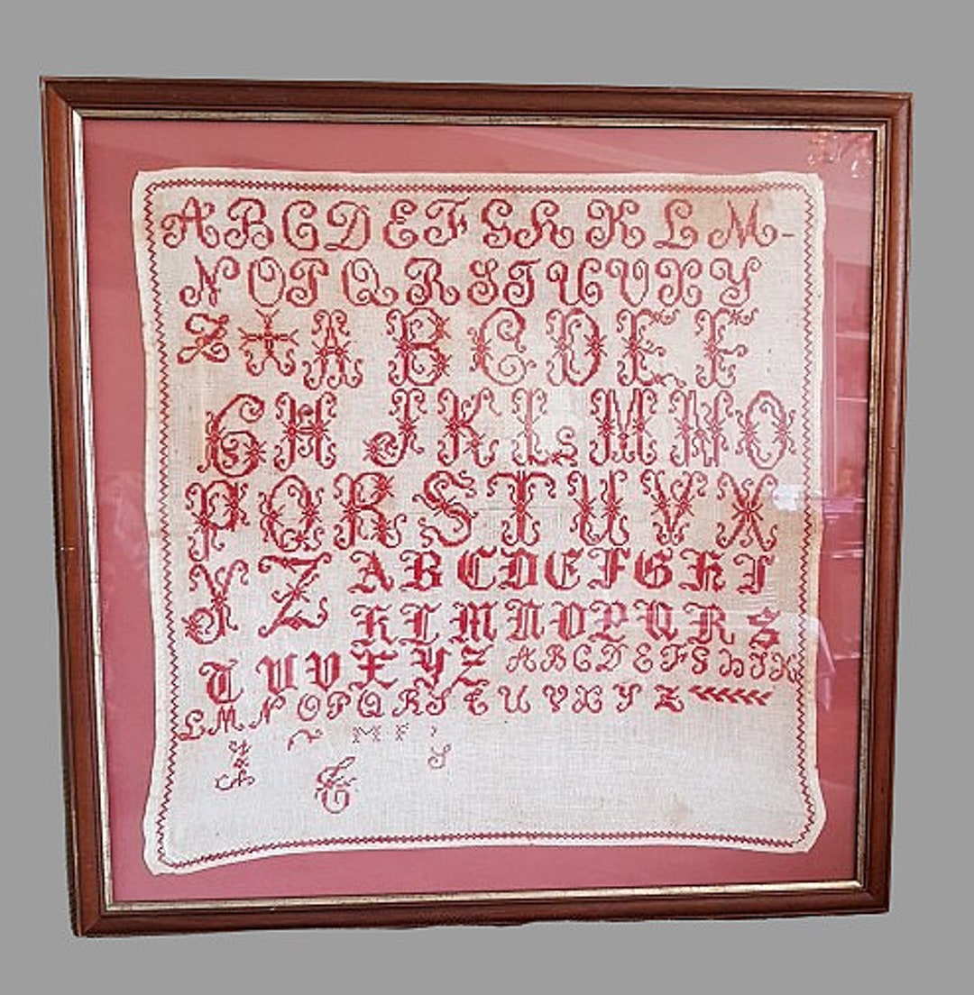 Abécédaire Ancien Broderie Point De Croix – 1885, Rouge, 41,5x32 Cm – BAISSE DE PRIX