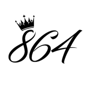 May include: Black and white illustration of the number 864 with a crown above the number.