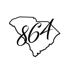 May include: Black and white illustration of the state of South Carolina with the number 864 written in cursive inside the outline of the state.