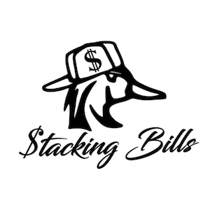 May include: Black and white illustration of a cartoon duck wearing a baseball cap with a dollar sign on it. The text "Stacking Bills" is written below the duck.