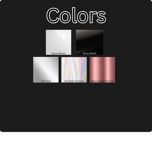 May include: A colour chart titled Colours featuring five square swatches with labels: Gloss White, Gloss Black, Chrome, Oil Slick Chrome, and Rose Gold Chrome. Each swatch displays a distinct finish, ranging from solid matte and glossy tones to metallic and iridescent surfaces.