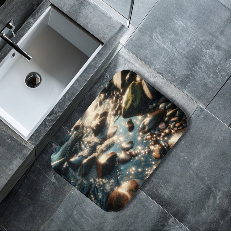 River Rock Bath Mat Set Aesthetic Cottagecore Nature Inspired Anti Slip