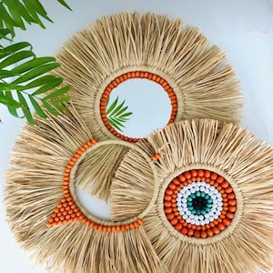 Bohemian Style 3-piece Design Mirror Set With Evil Eye Beads, Evil Eye Wall Hanging , Handmade Wall Decor, Orange Evil Eye