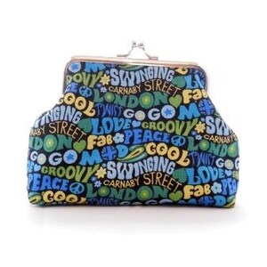 May include: A black coin purse with a silver clasp. The purse is covered in a colorful pattern of 1960s-style text, including the words "groovy", "swinging", "Carnaby Street", and "London".